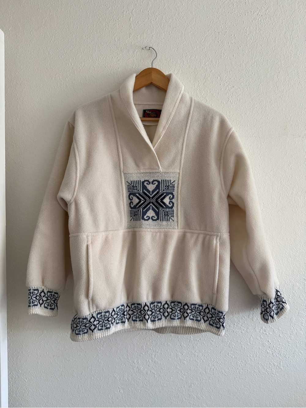 Vintage Cream Fleece Pullover with Navy Embroidered Accents